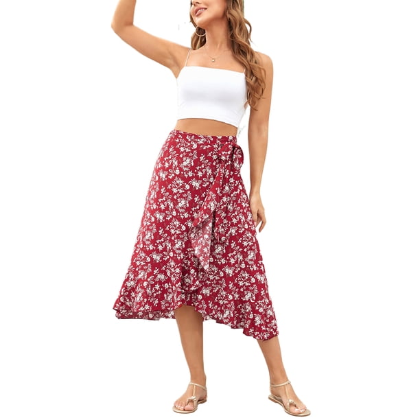 VISgogo Falda irregular con dobladillo con volantes para mujer, vestido de cintura ceñida con estampado de flores, azul marino / verde / albaricoque / rojo vino VISgogo moda