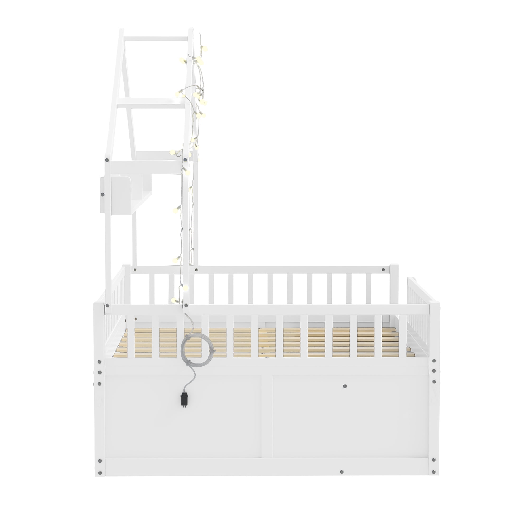 Mintazer Full Montessori Floor Bed with LED Lights & Bookshelf, Kids House Floor Bed with 3 Arched Cubbies & Drawer and Guardrail for Boys Girls Bedroom Playroom, White
