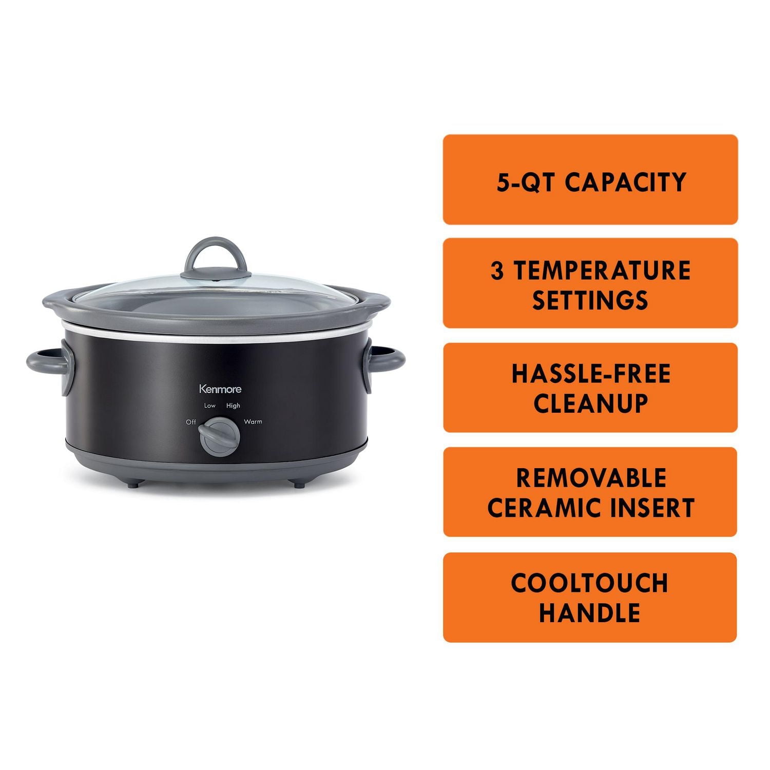 Kenmore Cuisinière à Feu Doux 5 qt (4,7L), Facile à Utiliser avec Commande à Molette, Noire