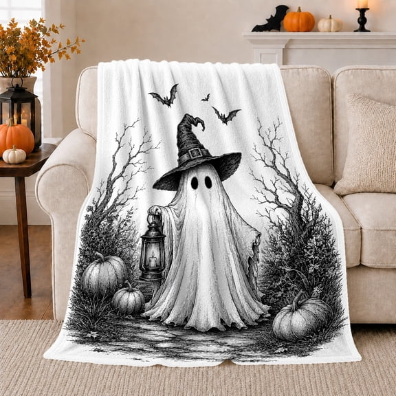 Vintage Ghost Halloween, Festive Halloween Scene, Warm Flannel Blanket for Living Room and Family Room with Detailed Artwork, Art Lovers Halloween Gift, Festive Home Decor