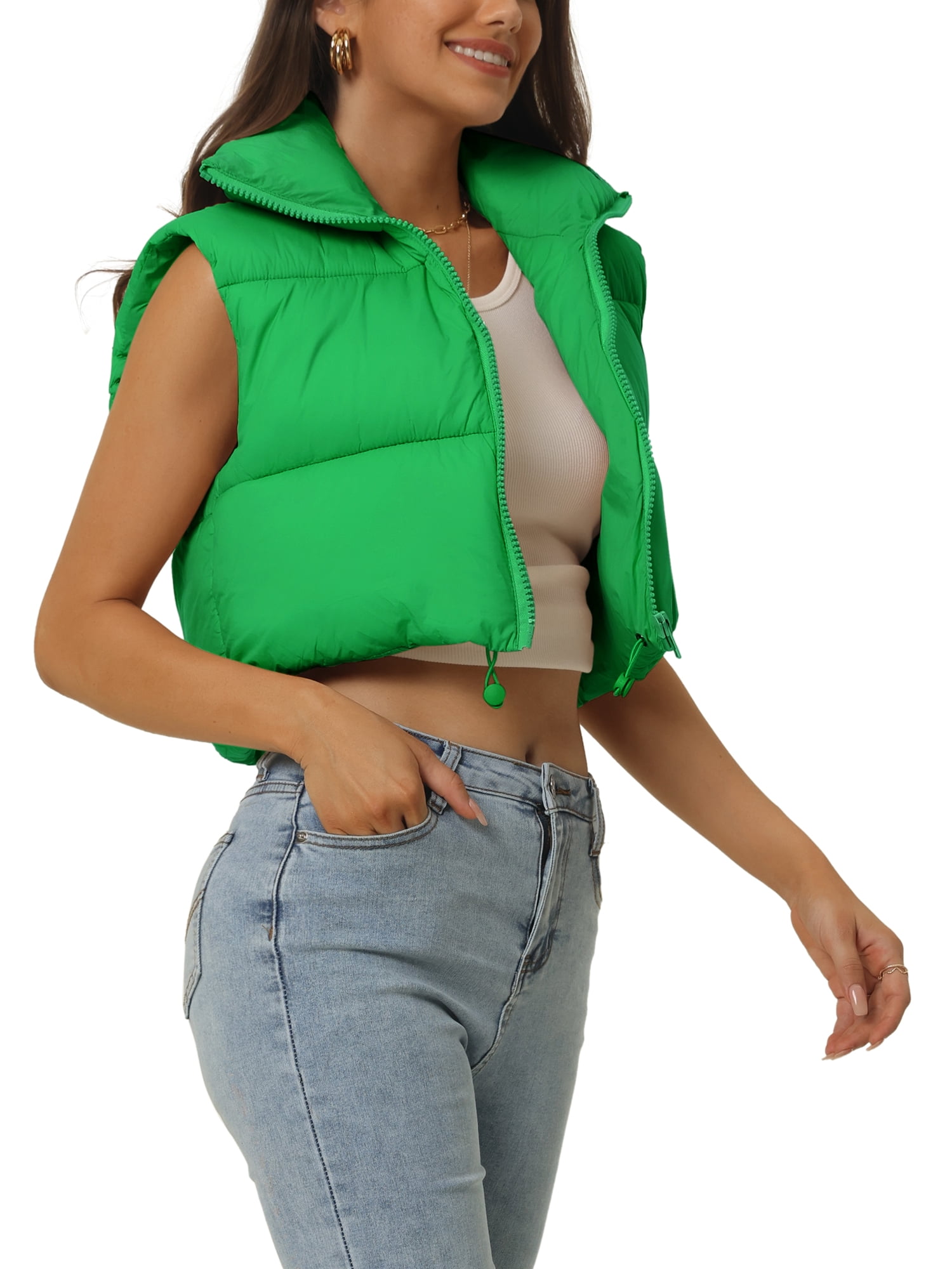 Unique Bargains Women's Padded Vest High Stand Collar Zip Crop Fashion Jacket Puffer Vests XL Green