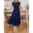 thumbnail image 5 of Inadays Women's Summer Dress Casual Midi Dress Flutter Short Sleeve Crew Neck Smocked Elastic Waist Tiered A-Line Dress, Navy, L, 5 of 8