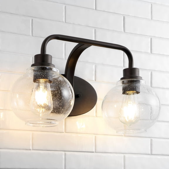 JONATHAN Y Sandrine 17.5" 2-Light Iron/Seeded Glass Cottage Rustic LED Vanity Light, Oil Rubbed Bronze