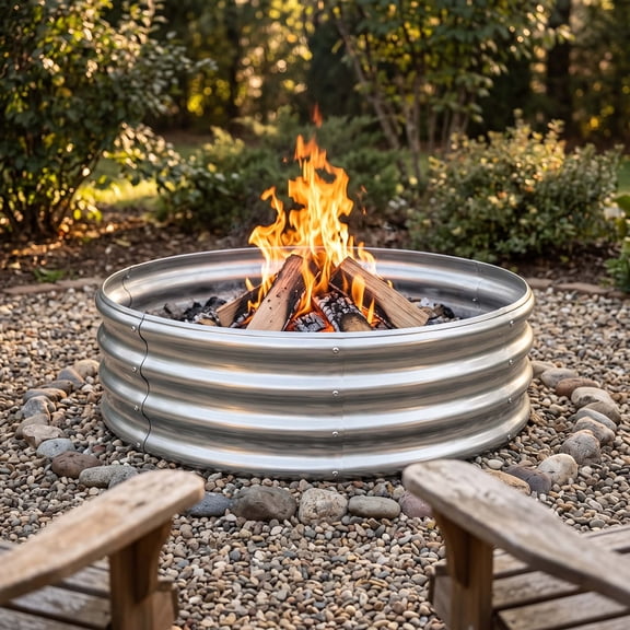 4 Foot Diameter Heavy Duty Galvanized Steel Fire Ring, Large Round Silver Campfire Pit for Backyard Bonfires and Outdoor Parties