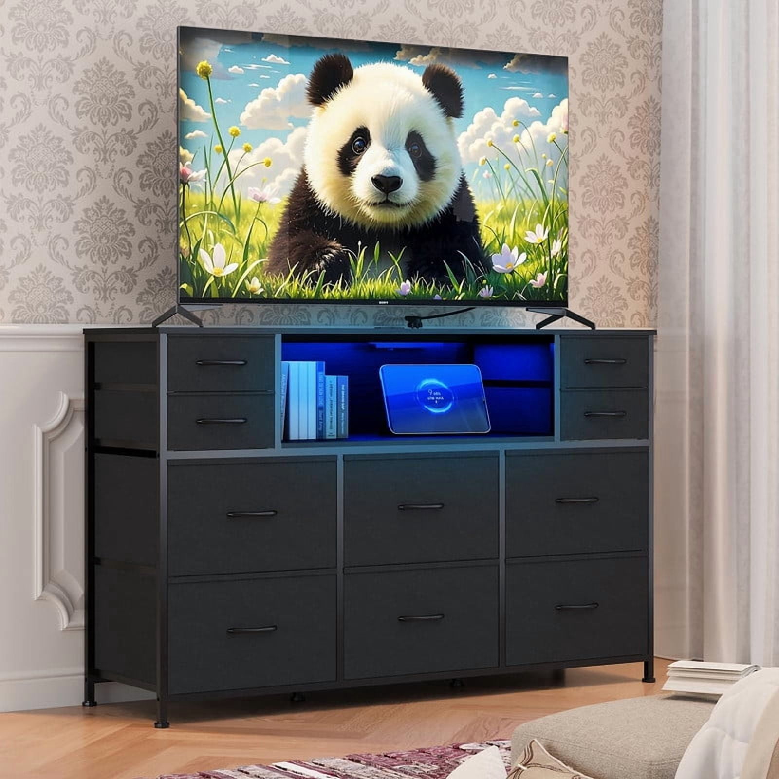 TROPOW 10 Fabric Drawers Dresser with LED Lights, Entertainment Center with Charging Station, Wood Top, Open Shelves, TV Stand for 40"-55" TV, Chest of Drawers for Bedroom Living Room Hallway