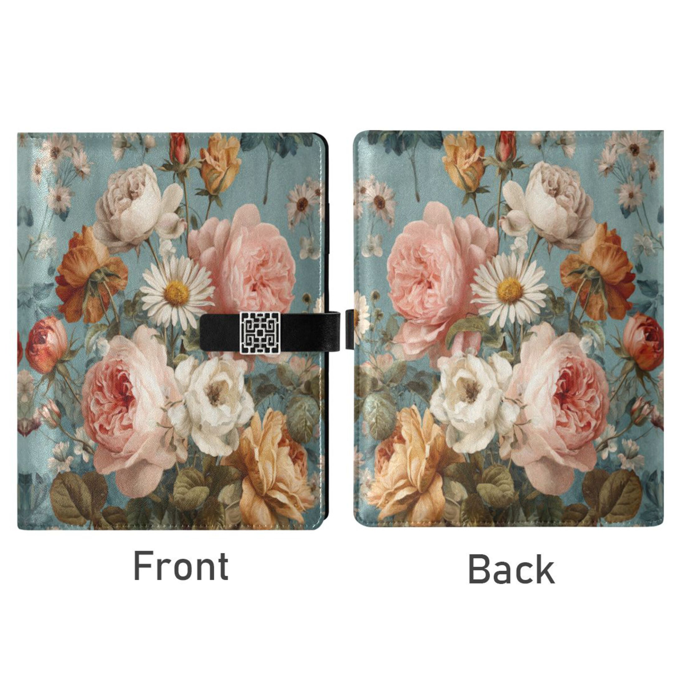 9.2x6.7 inch Leather Notebook 100 Sheets, Multi-Pocket Design & Pen Loop Vintage Roses and Peonies Refillable Journal Organizer