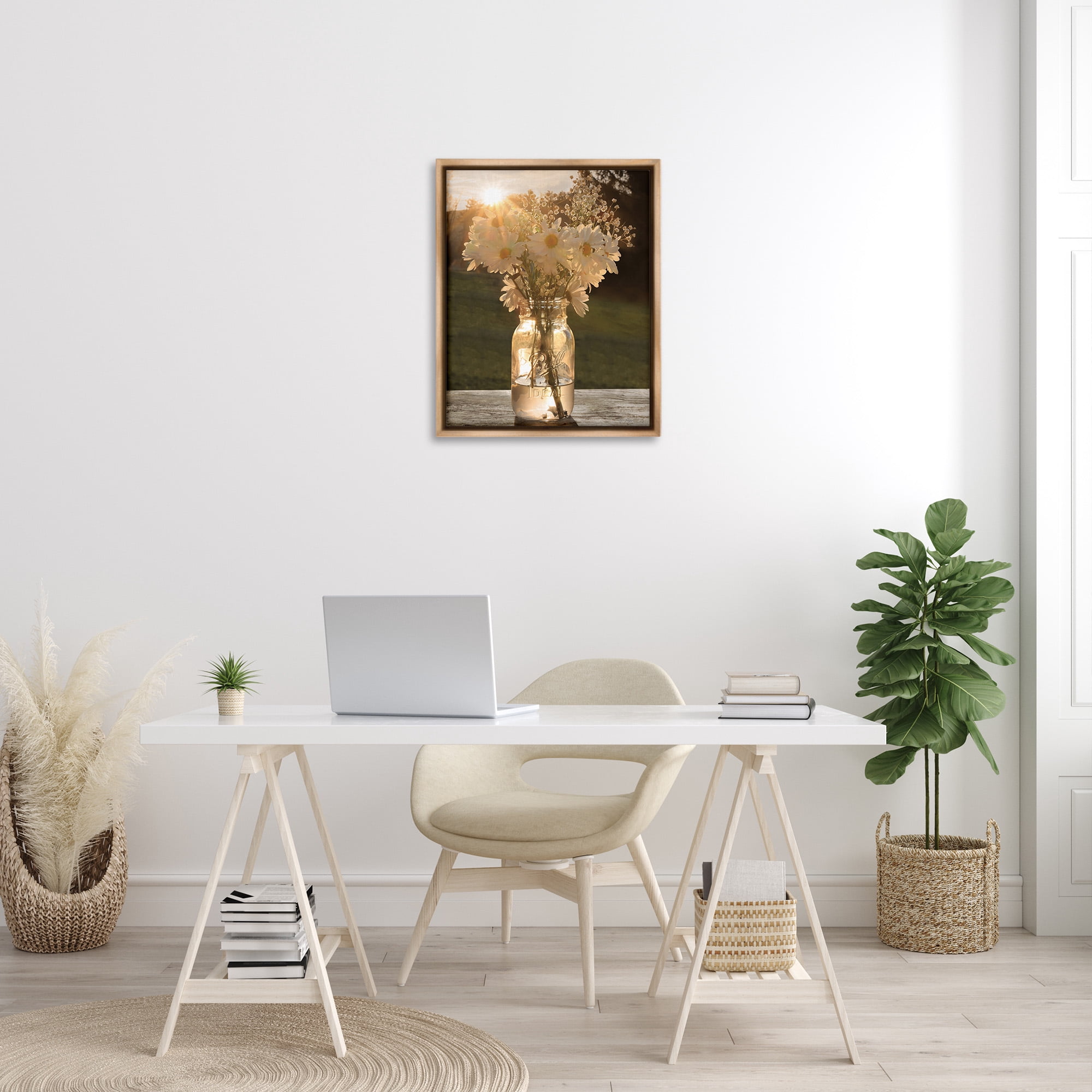 Stupell Industries Warm Meadow Daisies in Jar Botanical & Floral Photography Brown Floater Framed Canvas Art Print Wall Art, 25 x 31