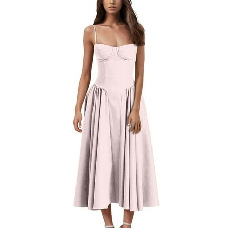 JULMCOMO Womens Corset Prom Dress Boho Spaghetti Straps Midi Dress Pleated Sleeveless Vacation Dresses Vintage a Line Beach Dress with Pocket Pink L
