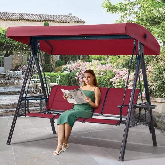 3 Seat Patio Swing, Outdoor Swing with Textilene Backrest & 2 Cup Holders,Outdoor Patio Swing with Adjustable Canopy for Backyard, Porch, Garden,Square Tube B (Red)