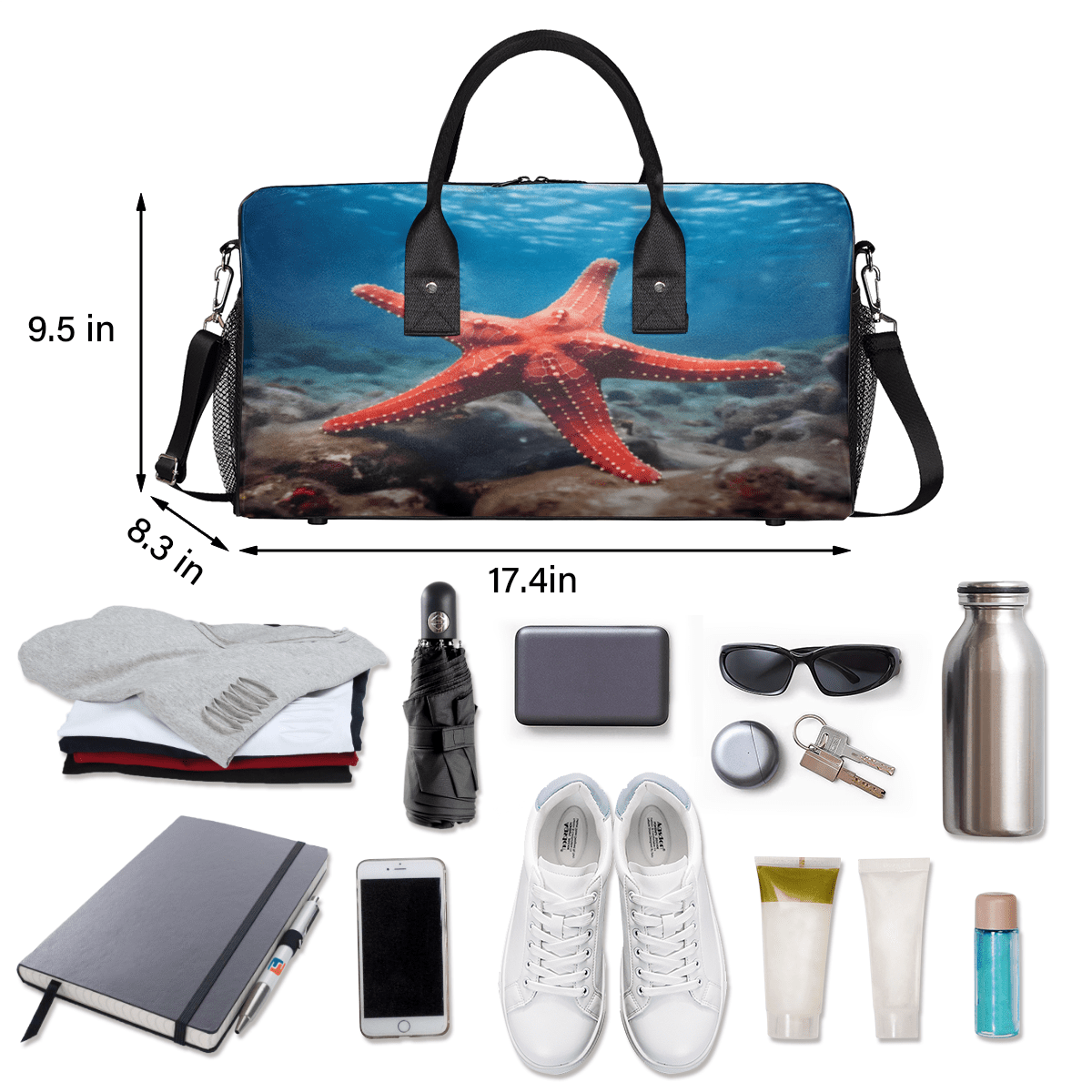 Herdesigns Ocean Sea Starfish Gym Duffle Bag for Men Women, Travel Sports Bag Waterproof Lightweight Weekend Carry On Tote