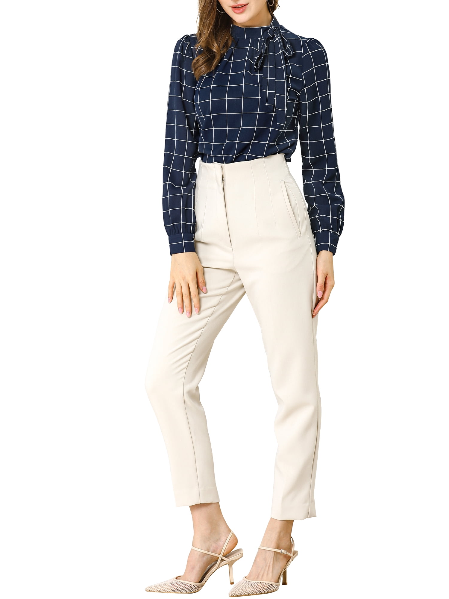 DARING DIVA Bow-Tie Neck Office Work Checks Shirt Top S Navy Blue