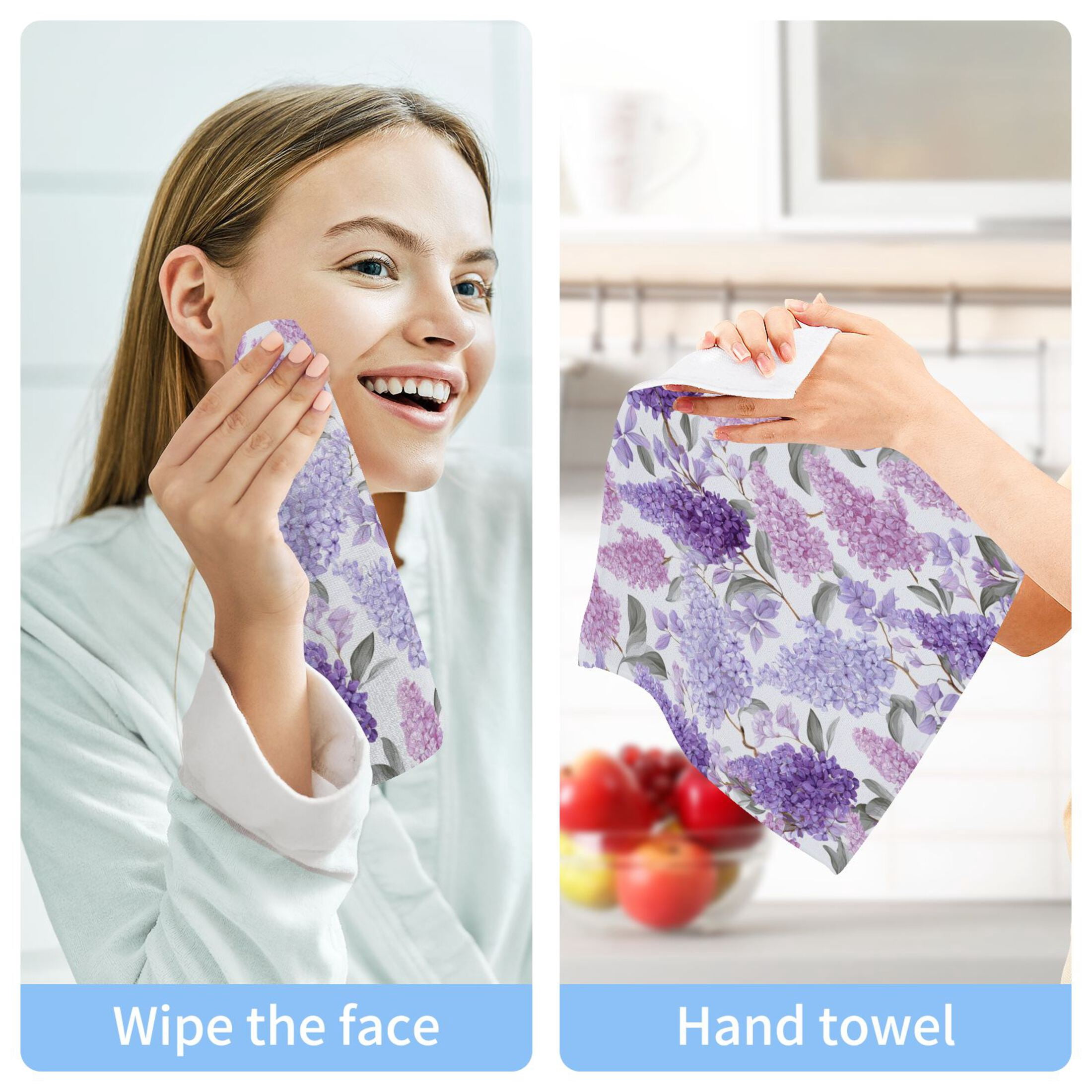 Lavender 100% Cotton Face Towel 12x12in Soft Absorbent Washcloth Durable Printed Hand Towels for Bathroom Travel 6 Pcs