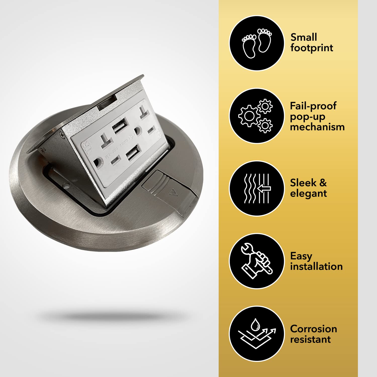 SELECT Lighting SLFB-PU-USB-NI 20A Pop Up USB Outlet Receptacles, Tamper Resistant Round Electrical Floor Box with Nickel Plated Brass Cover, Retractable Recessed Socket for Countertops & Floors