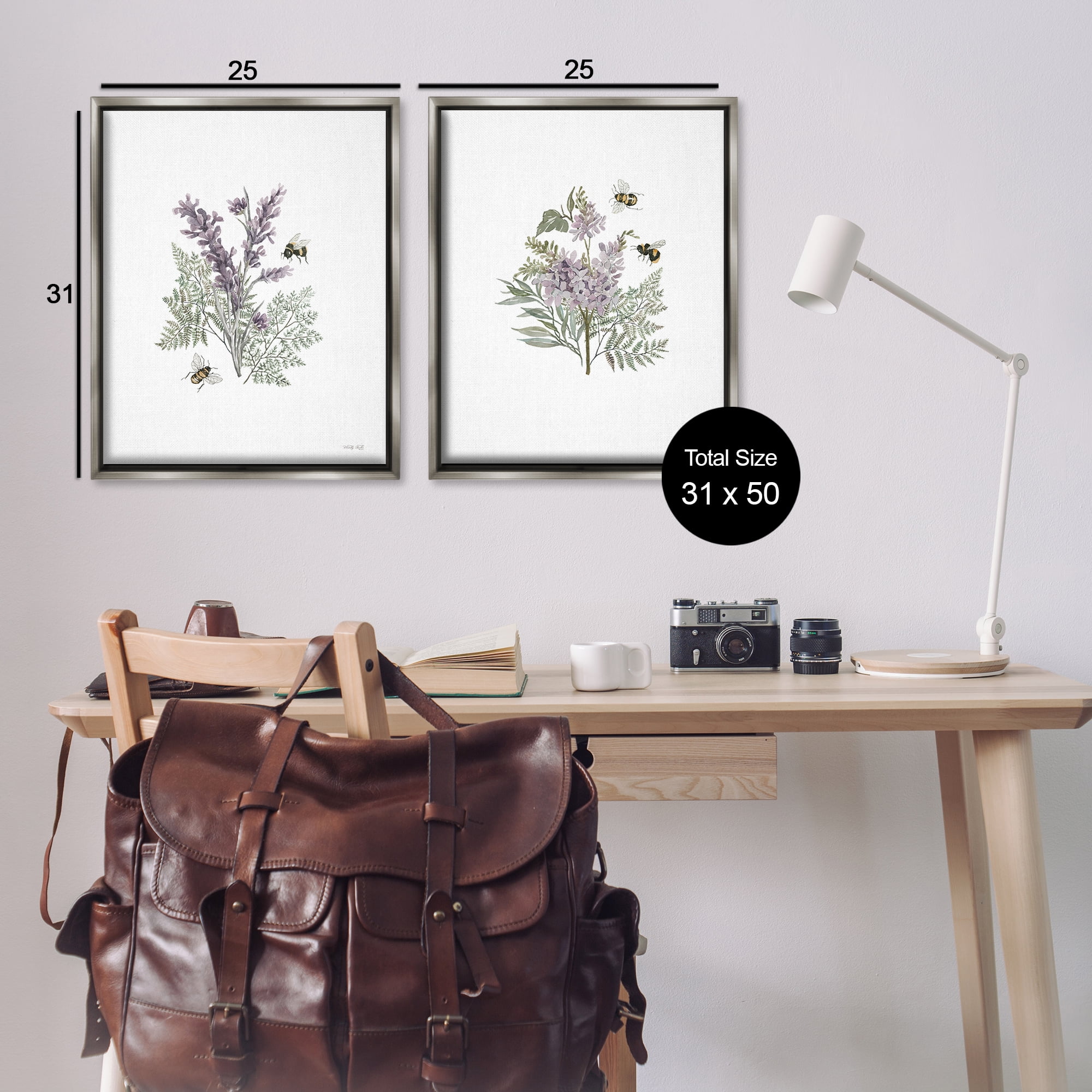 Stupell Industries Purple Floral Ferns Bees Plants & Flowers Painting Gray Floater Framed Canvas Art Print Wall Art, 31 x 25, Set of 2