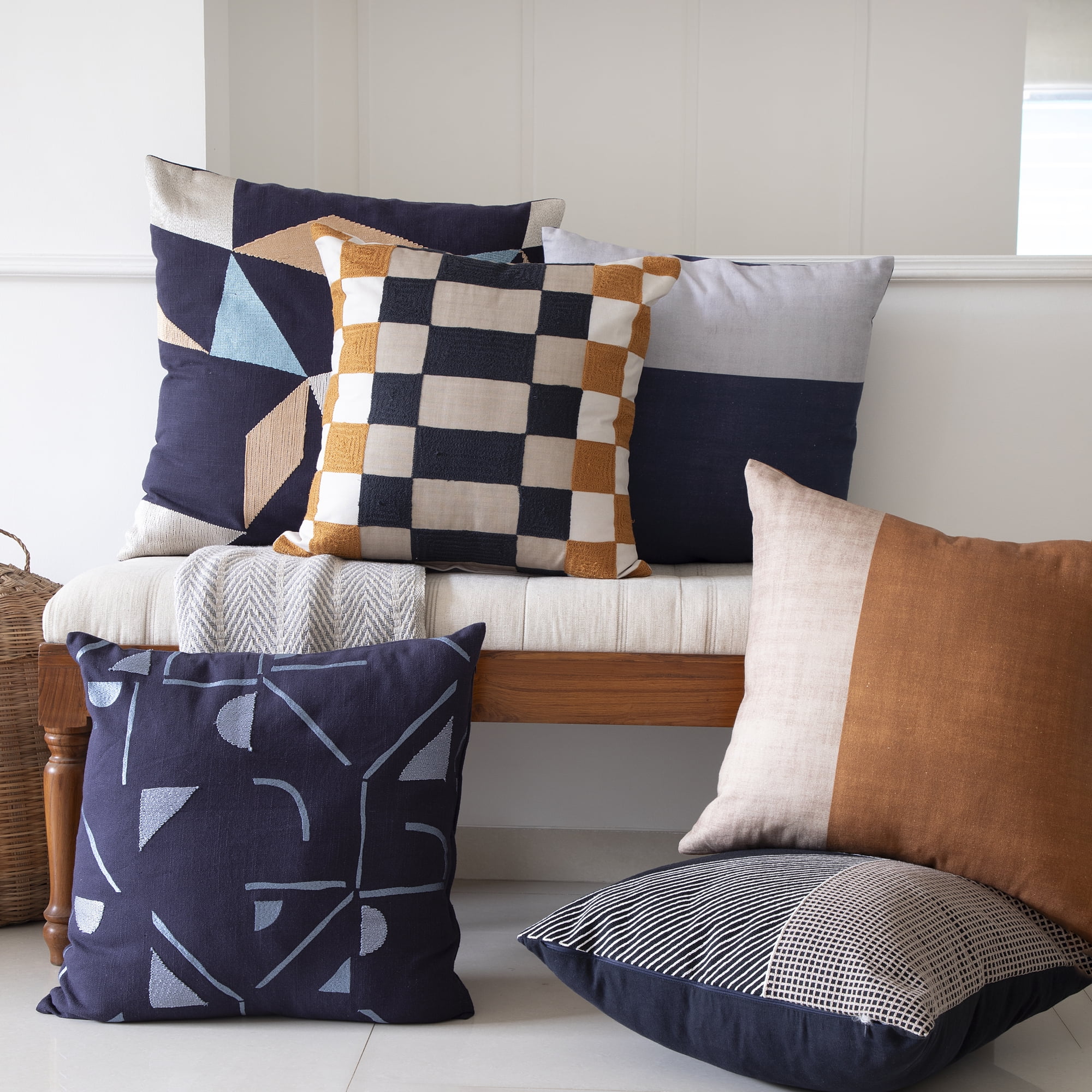 Ox Bay and Stacy Garcia 20" x 20" Black/White Embroidered Geometric Cotton Adult Decorative Throw Pillow