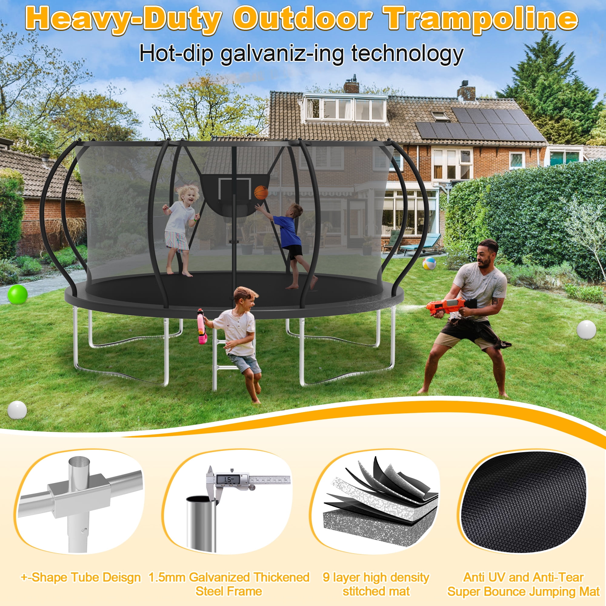 XMIKA 12FT Trampoline with Basketball Hoop, Outdoor Trampoline with Enclosure Net, Ladder, Heavy-duty Recreational Trampoline, 1200LBS Capacity Trampoline for Kids and Adults, Upgrade Curved Pole