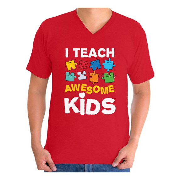Awkward Styles Men's Autism Awareness Puzzle Graphic V-neck T-shirt Tops I Teach Awesome Kids