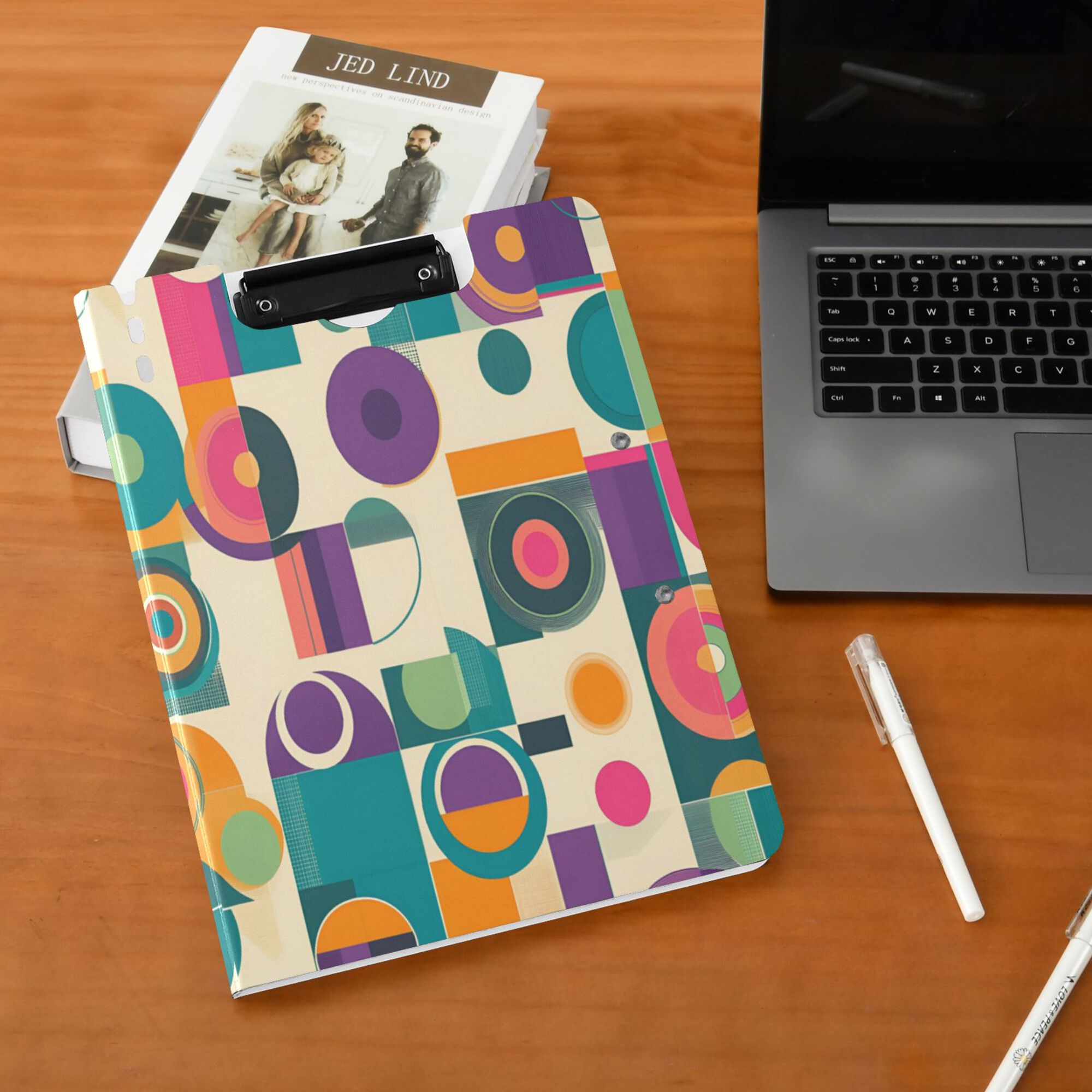 FORMRS A4 Clipboard Folder with Pen Holder Horizontal Foldable School Office Binder, Purple Geometric