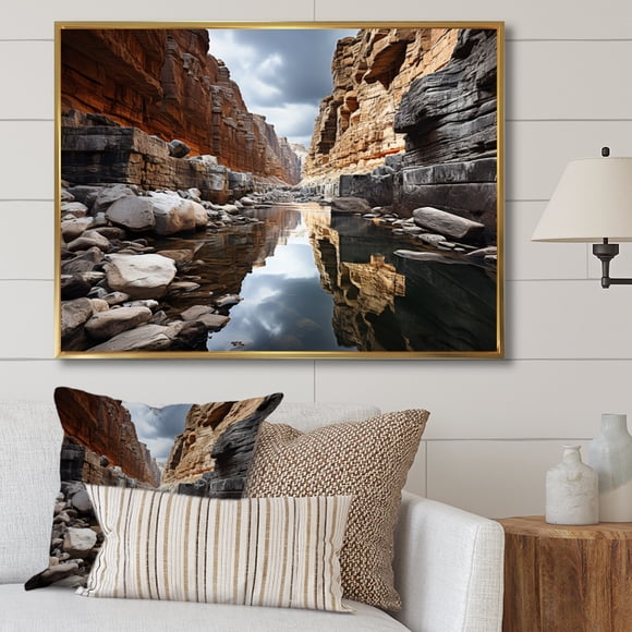 Designart Canyon framed wall Art, Timeless Passage Through the Canyon I , canyon Large framed wall art decor, Grey Traditional Gold framed wall art, 40x30 inches Gold Frame