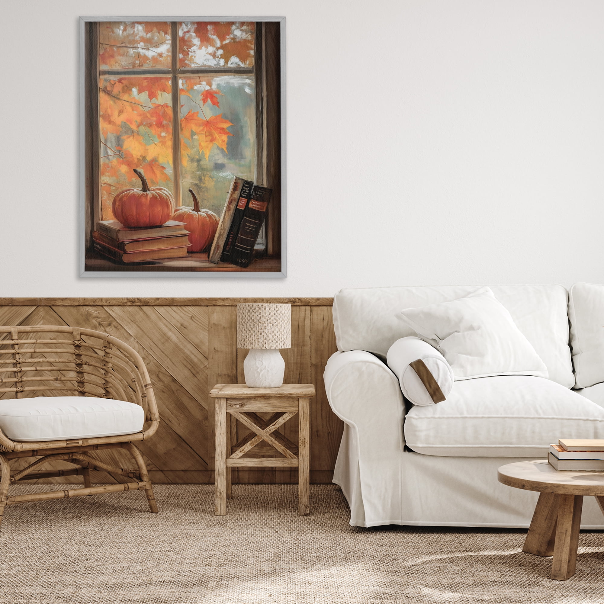 Cozy Fall Window Books Gray Framed Giclee Art, design by Arlington Prints