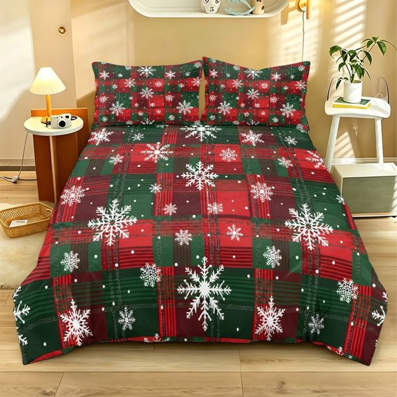 Qpednta Plaid Xmas Duvet Cover Set, Machine Washable Bedding Comforter Cover, Soft Cozy Bedding Set, 3 Pieces Comforter Set, Bedroom Decor for All‑Season Daily Use