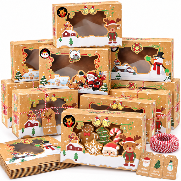 12 PCS Christmas Cookie Boxes with Window Christmas Bakery Boxes Treat Boxes Baking Boxes for Gift Giving for Pastries, Cupcakes, Brownies, Brown Kraft Bakery Boxes 8.75 x 5.75 x 2.75 Inches