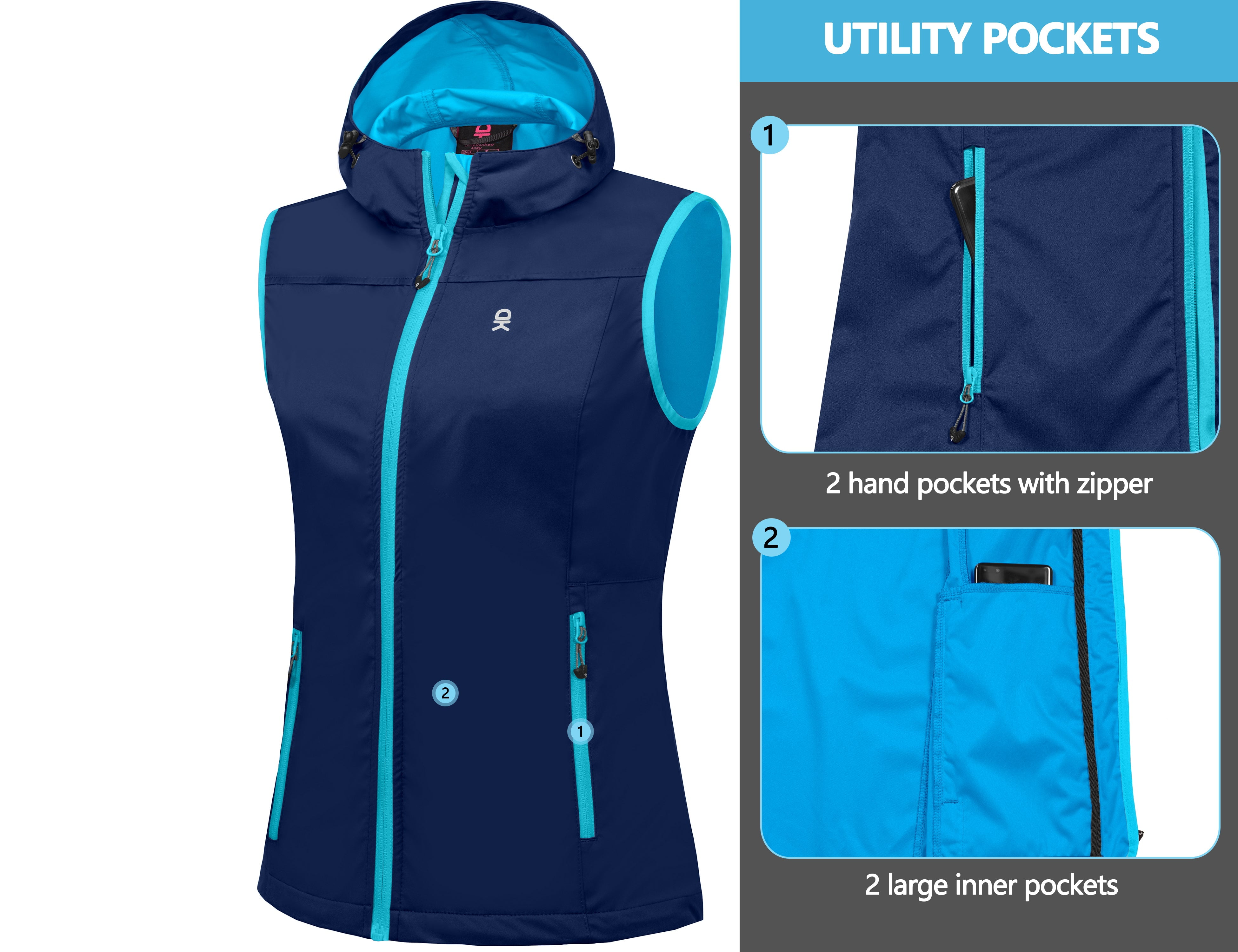 Little Donkey Andy Women's Lightweight Softshell Vest, Hooded Windproof Sleeveless Jacket for Golf Travel Hiking Running Blue S