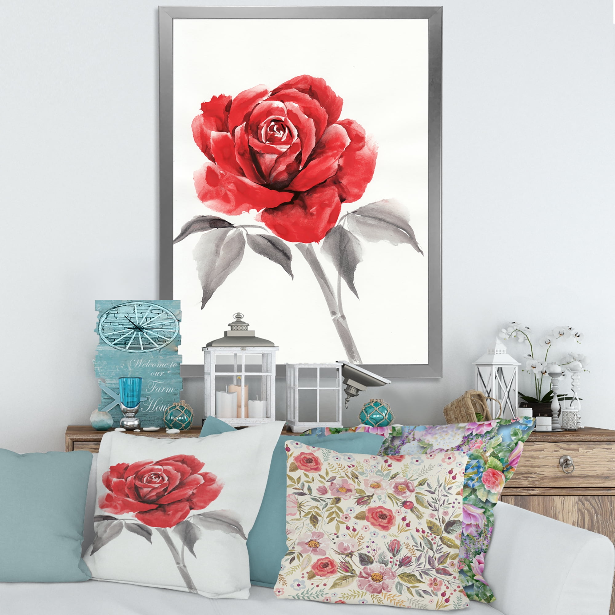 Designart 'Ancient Red Rose Flower I' Traditional Framed Art Print
