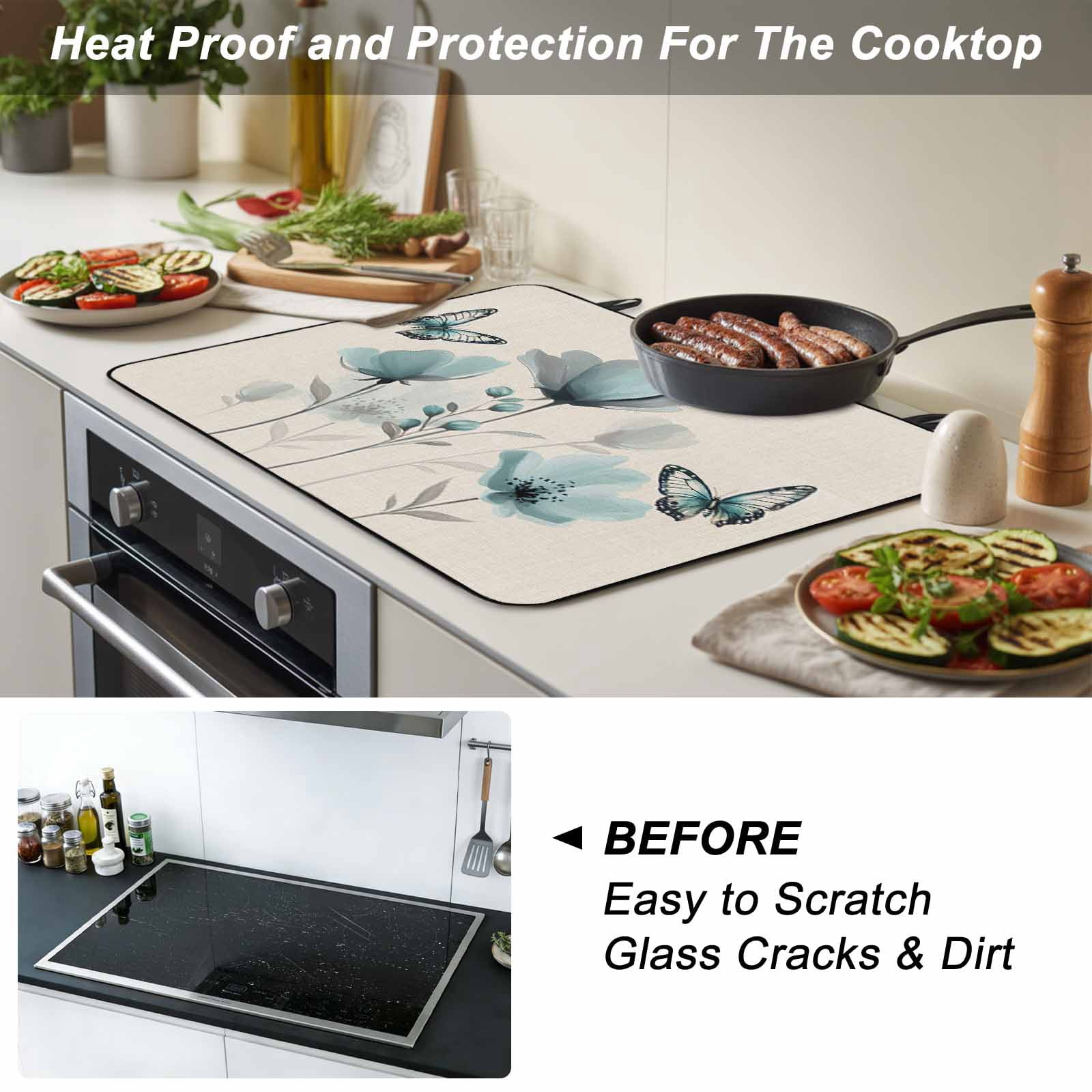Tulip Butterfly Stove Top Cover for Electric Stove, Heat-proof & Non Slip Glass Top Stove Cover Protector, Vintage Spring Botanical Flowers Floral Kitchen Flat Cooktop Rubber Mat 24x21 Inches