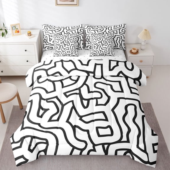 Homewish Abstract Wavy Stripes 7-Piece Twin Bedding,Contemporary Artwork Bedding Comforter Set,White Black,Reversible