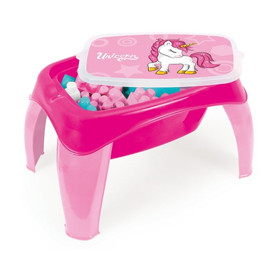 DOLU Unicorn Themed Activity Play Table with 30 Jumbo Building Blocks and Storage for Kids