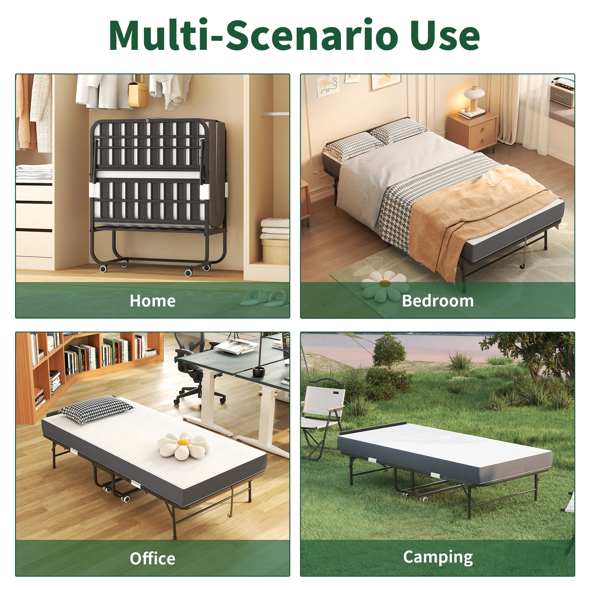 HOQBN 75"x38" Folding Bed with Adjustable Headboard,5" Memory Foam Rollaway Bed for Adults,Heavy-Duty Portable Guest Bed on Wheels,Easy Assembly Twin Size Cot
