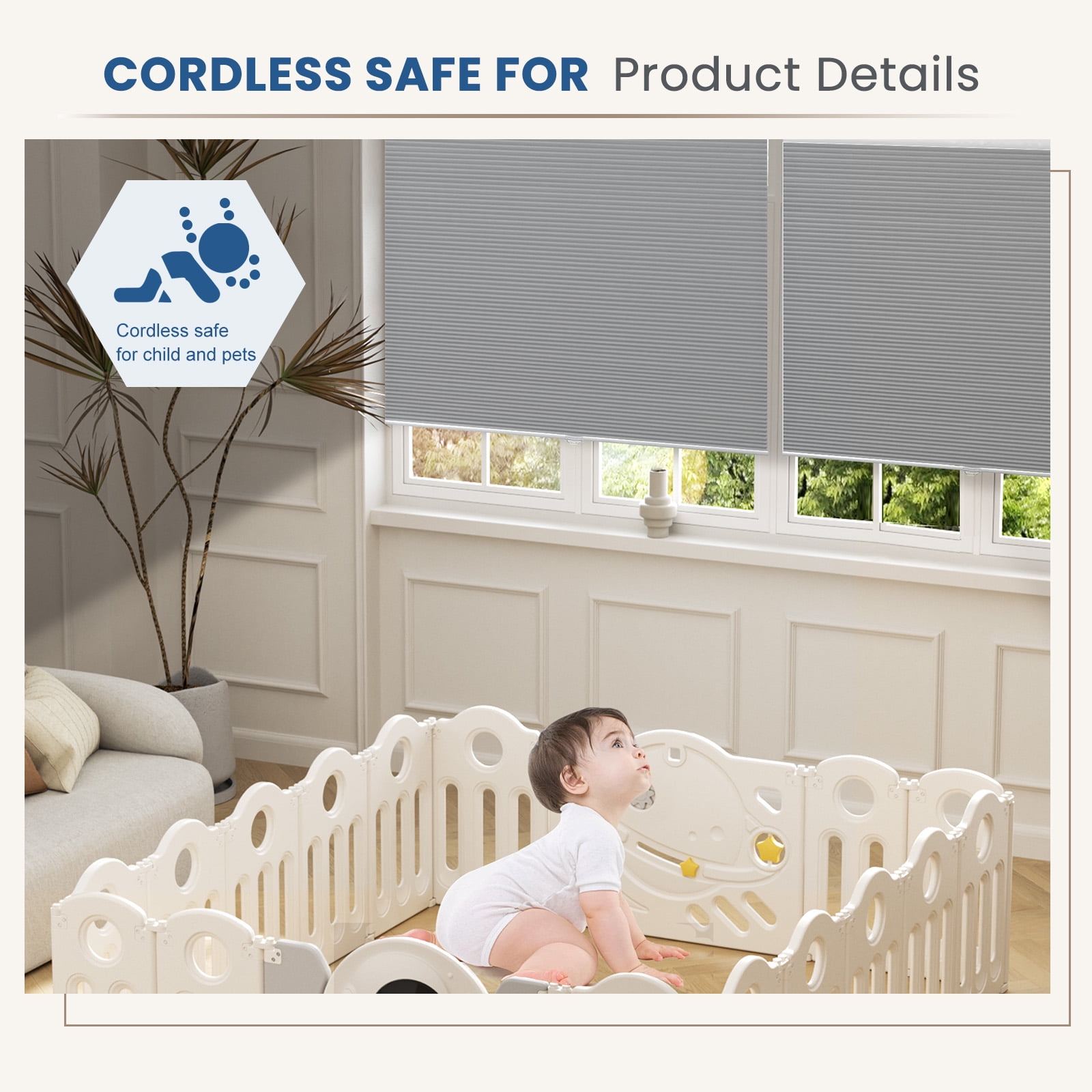 Grandekor Window Blinds and Shdes Cordless Cellular Shades, Gray(blackout) 34"W x 64"H