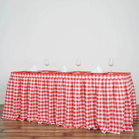 

Efavormart 21FT Perfect Picnic Inspired White/Red Checkered Polyester Table Skirt for Kitchen Dining Catering Wedding Decorations