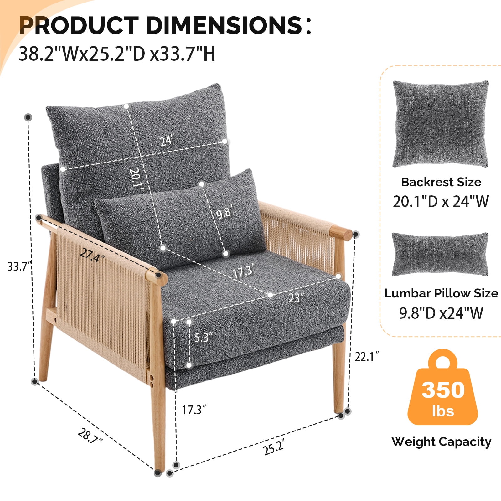 Ktaxon Accent Chair, Solid Wood and Jute Rope Armrests Armchair, Single sofa with Lumbar Pillow for Living Room Bedroom Office Dark Gray