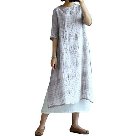 Sleeve Bubble Hem Dress - Womens Split Hem Short Sleeve Cotton Linen Plaid Comfy Dresses