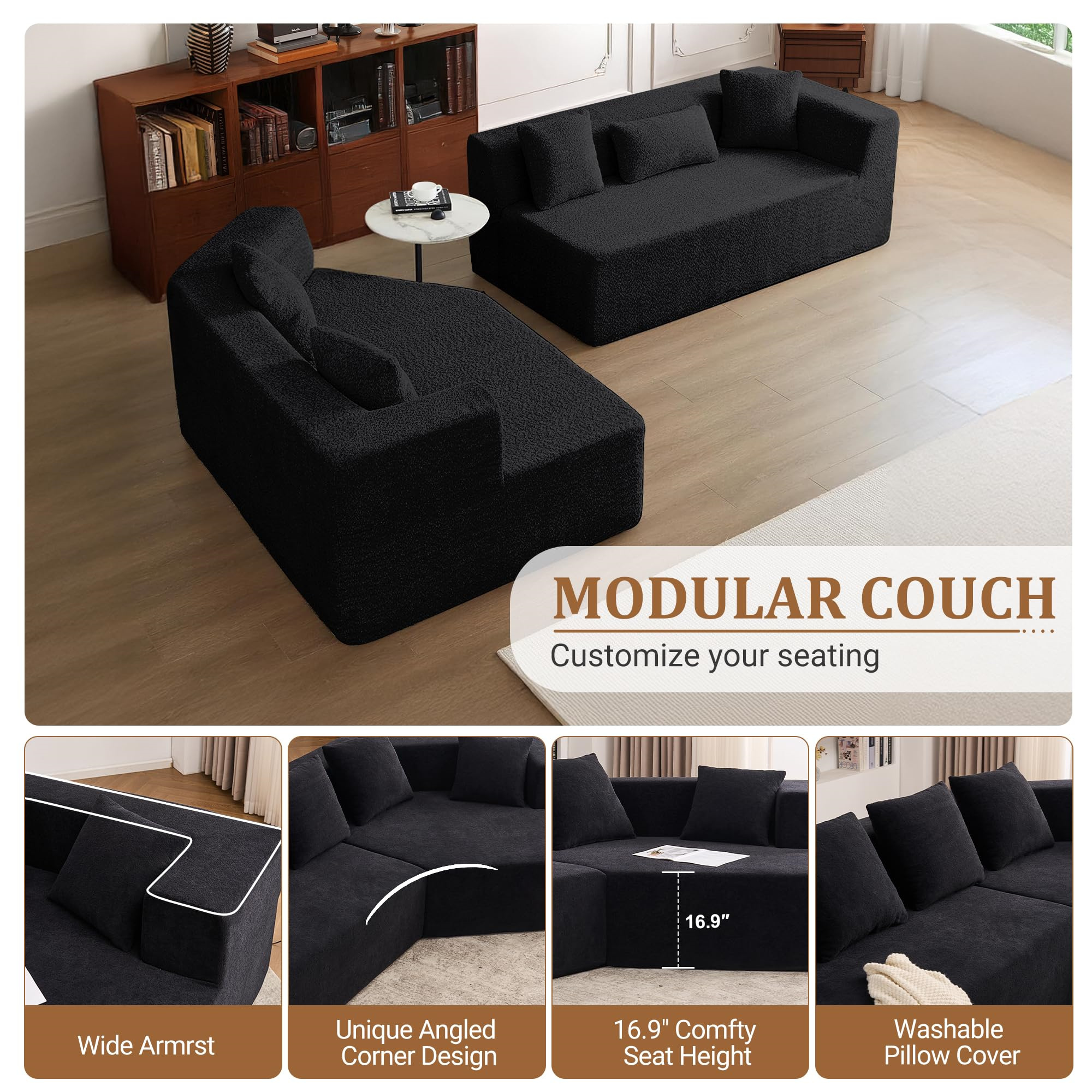 Aukfa 130" Oversized Modular Sectional Sofa Boneless Sofa with Chiase, 5 Pillows, Chenille, Black