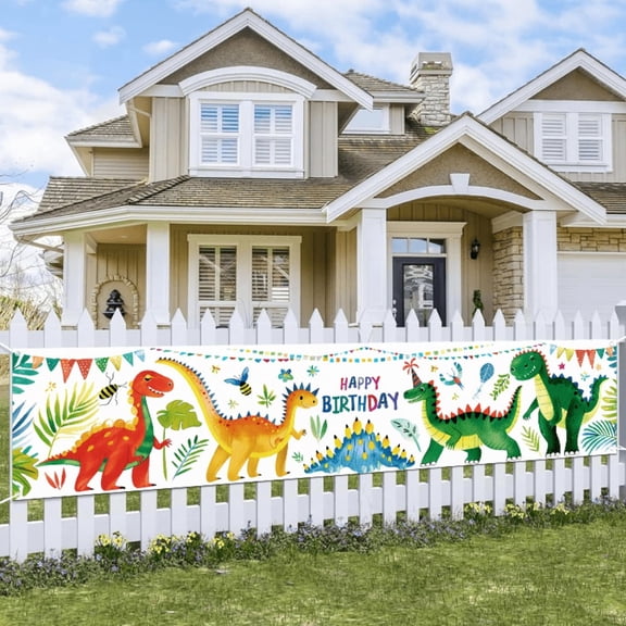 2D flat 1 birthday party decoration banner - Dinosaur-themed party background wall decoration, festival party courtyard decoration banner, outdoor courtyard sign decoration, size 17.7x78.7 inches, su