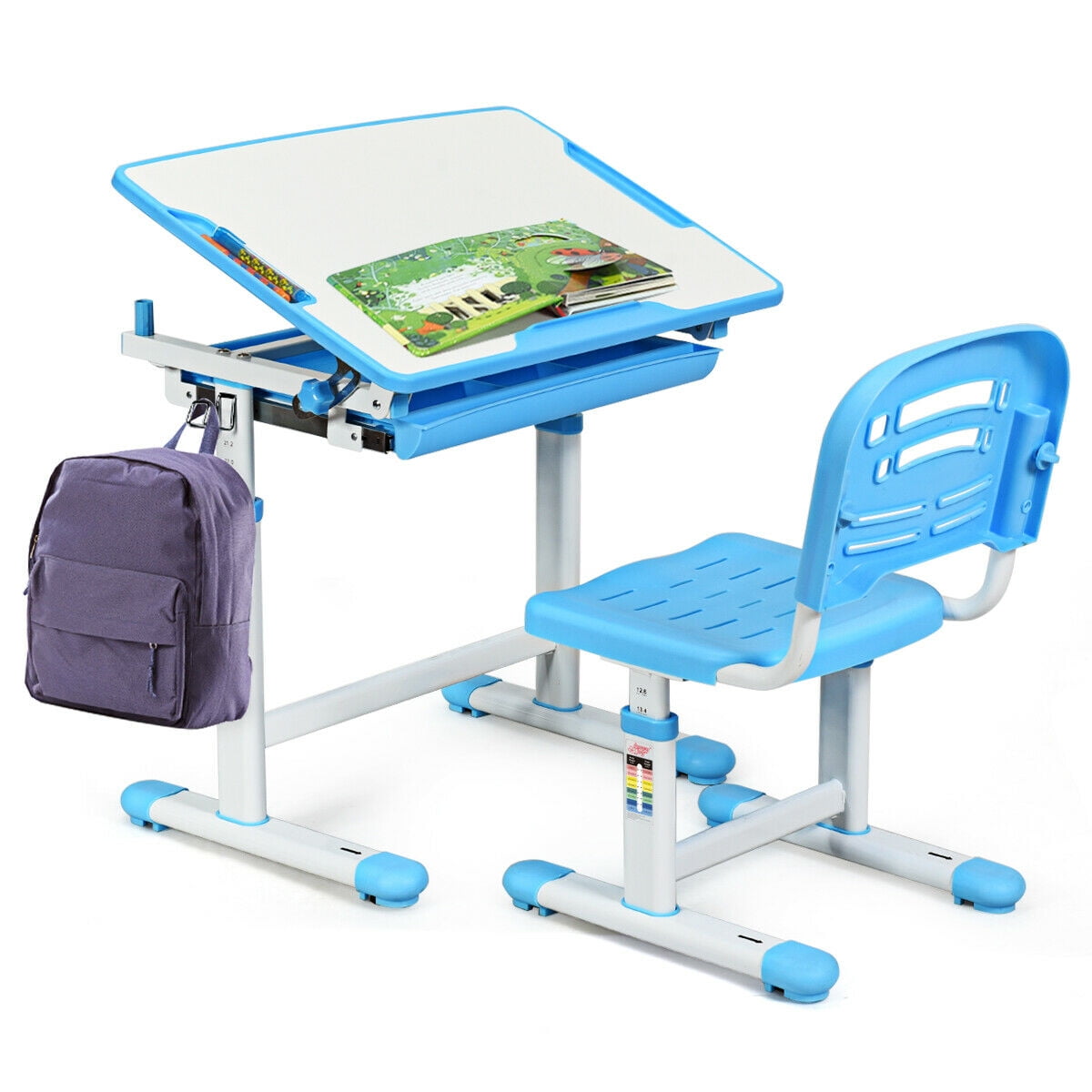 Gymax Children's Desk Chair Set Multifunctional Study Drawing Height Adjustable Blue