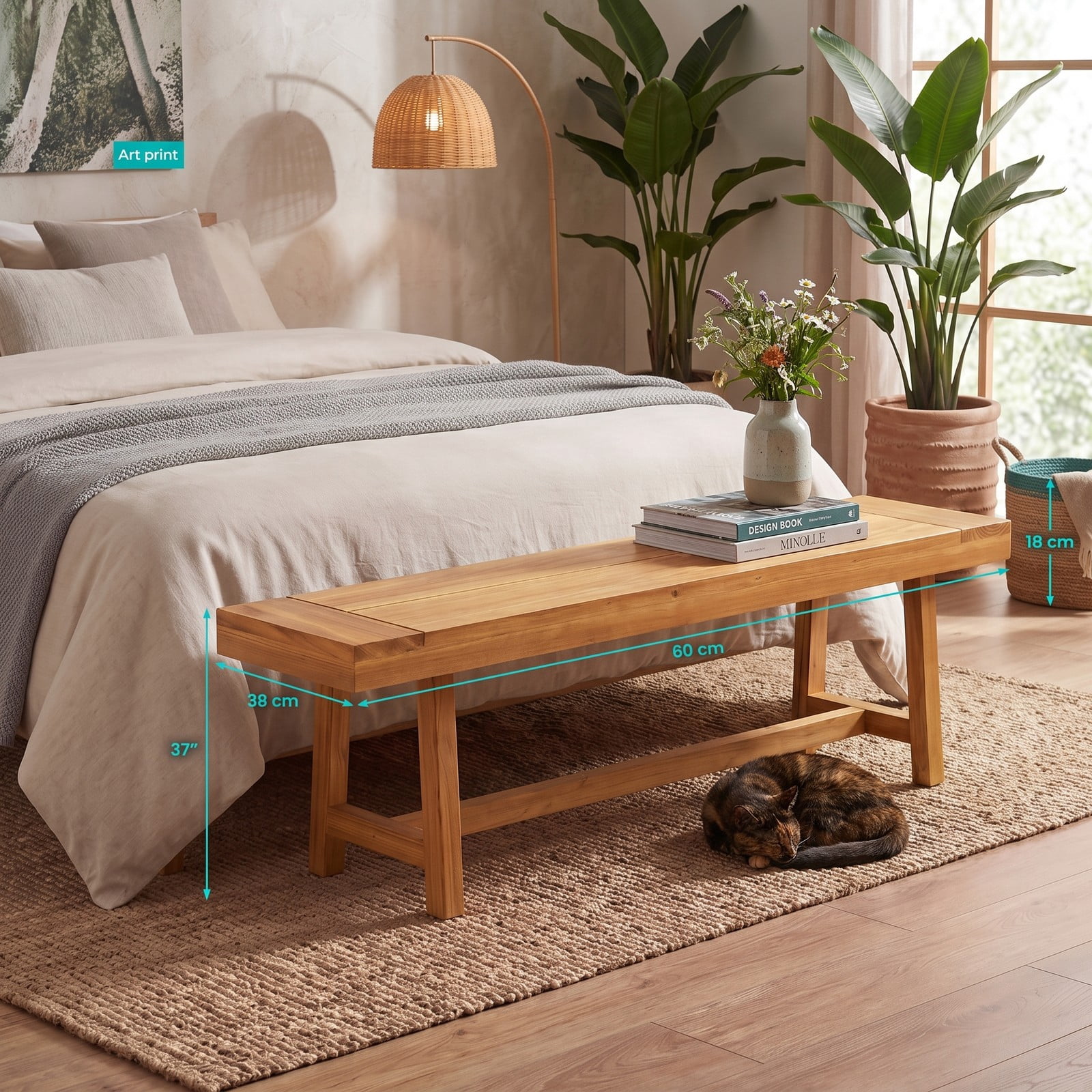 Furnibear 63 Inch Solid Teak Wood Bench for up to 3 People with Trestle Legs for Dining Room Living Room and Entryway, Natural