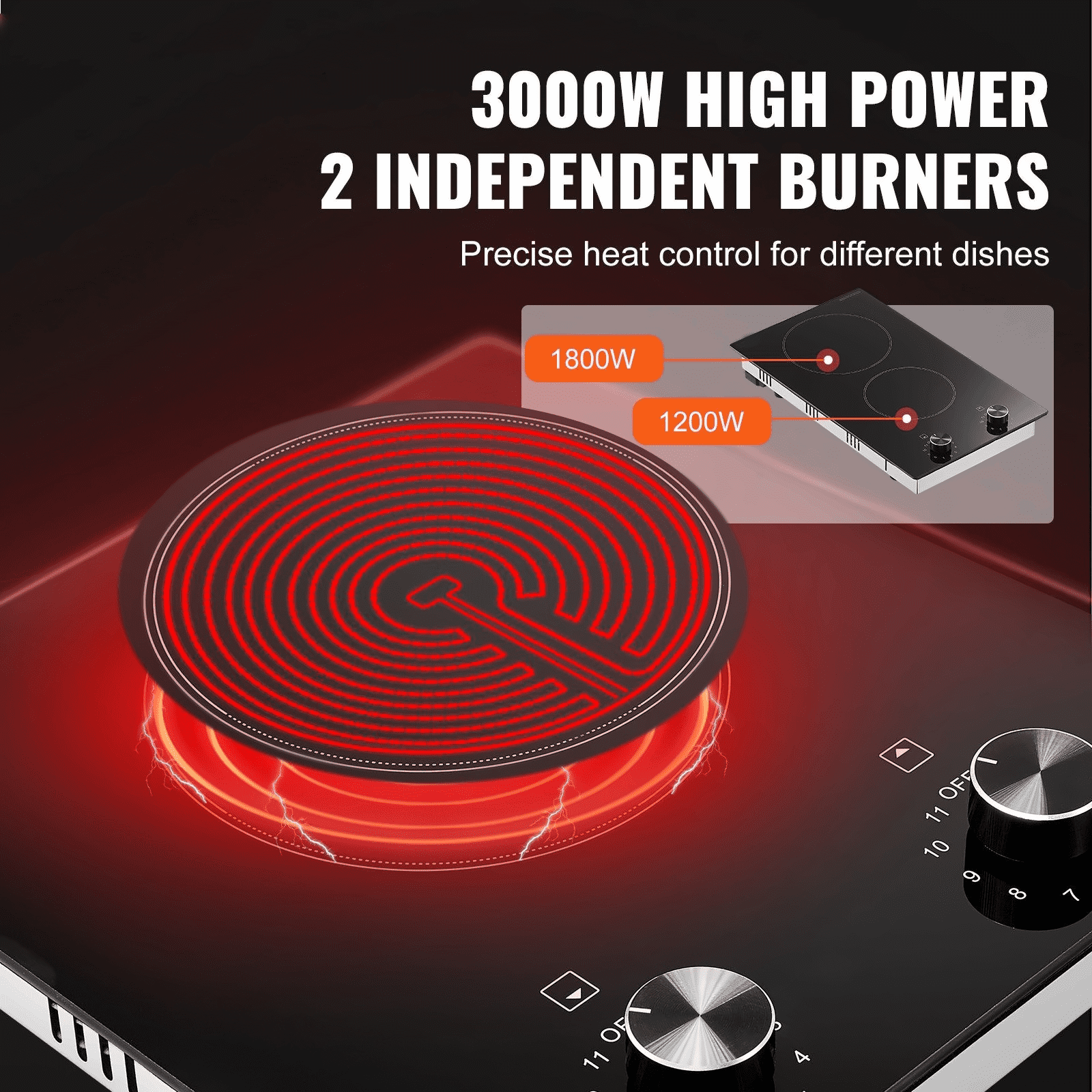 Electric Cooktop 12 Inch, 2 Burner Built-in Stove Top, 3000W Ceramic Radiant Cooktop, 11 Heat Levels, Knob Control, 220-240V Hardwire, for Kitchen Countertop