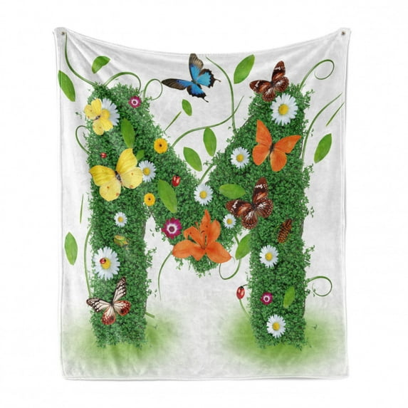 Letter M Soft Flannel Fleece Blanket, Wildflowers with Butterflies of Various Shapes and Sizes Vibrant Color Image, Cozy Plush for Indoor and Outdoor Use, 60" x 80", Green Multicolor, by Ambesonne