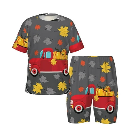Picia Red Pickup Truck With Pumpkins Printed Boys  Kids-PJ Snug Fit Cotton Short Sleeve Top and Shorts 2 Piece Pajama Set-Medium