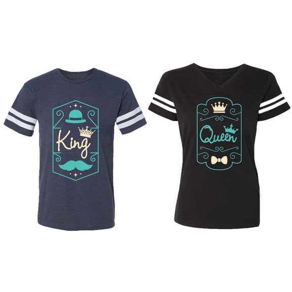 King Queen Pentagon Emerald Gold Matching Couple Cotton Jerseys (Men Navy / Women Black) (Men M / Women L)