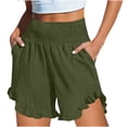 thumbnail image 3 of Women's Solid Color Casual High-Waist Elastic Waist Pocket Shorts with Ruffled Wrap Detail, Soft Polyester Shorts for Women, Summer Beach Vacation Outdoor Yoga Workout | UKHCCC,Army Green L, 3 of 8