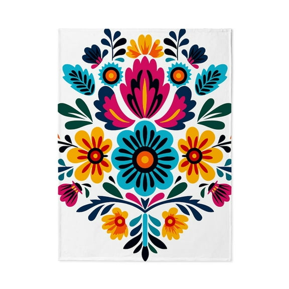 CafePress - Colorful Blue Orange Mexican Embroidery Floral - Large Plush Fleece Throw Blanket, 80" L x 60" W