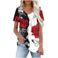 thumbnail image 2 of Tops for Women under $5 Short Sleeved V-Neck Print Pleated Casual Summer Blouses for Women 2025 Trendy T Shirts Red XL, 2 of 6