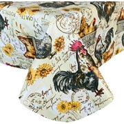 Newbridge French Country Rustic Farmyard Rooster Vinyl Tablecloth with Flannel Backing, Farmhouse Hen and Fresh Eggs Multicolor Flannel Backed Tablecloth,, 52" x 52" Square
