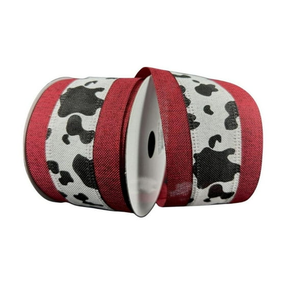 2.5" Black Linen Cow Print Ribbon: Dark Red (10 Yards)
