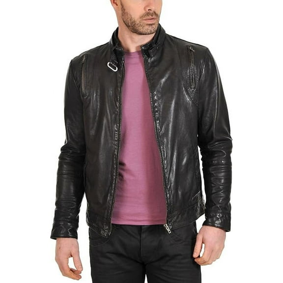 Men's Genuine Lambskin Leather Jacket Biker Soft Stylish Blue Motorcycle Jacket A036